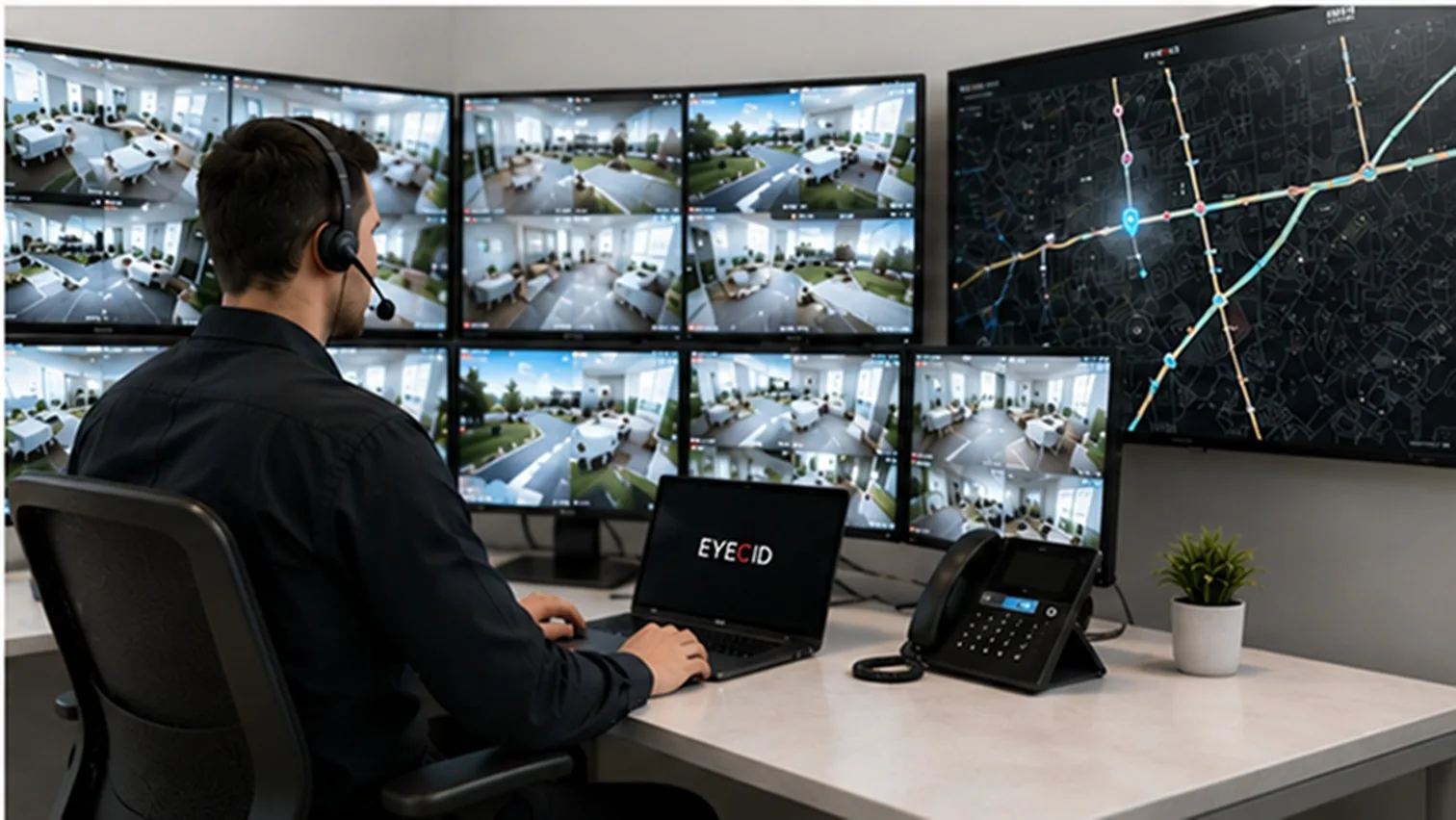 Security operator monitoring multi-screen video wall