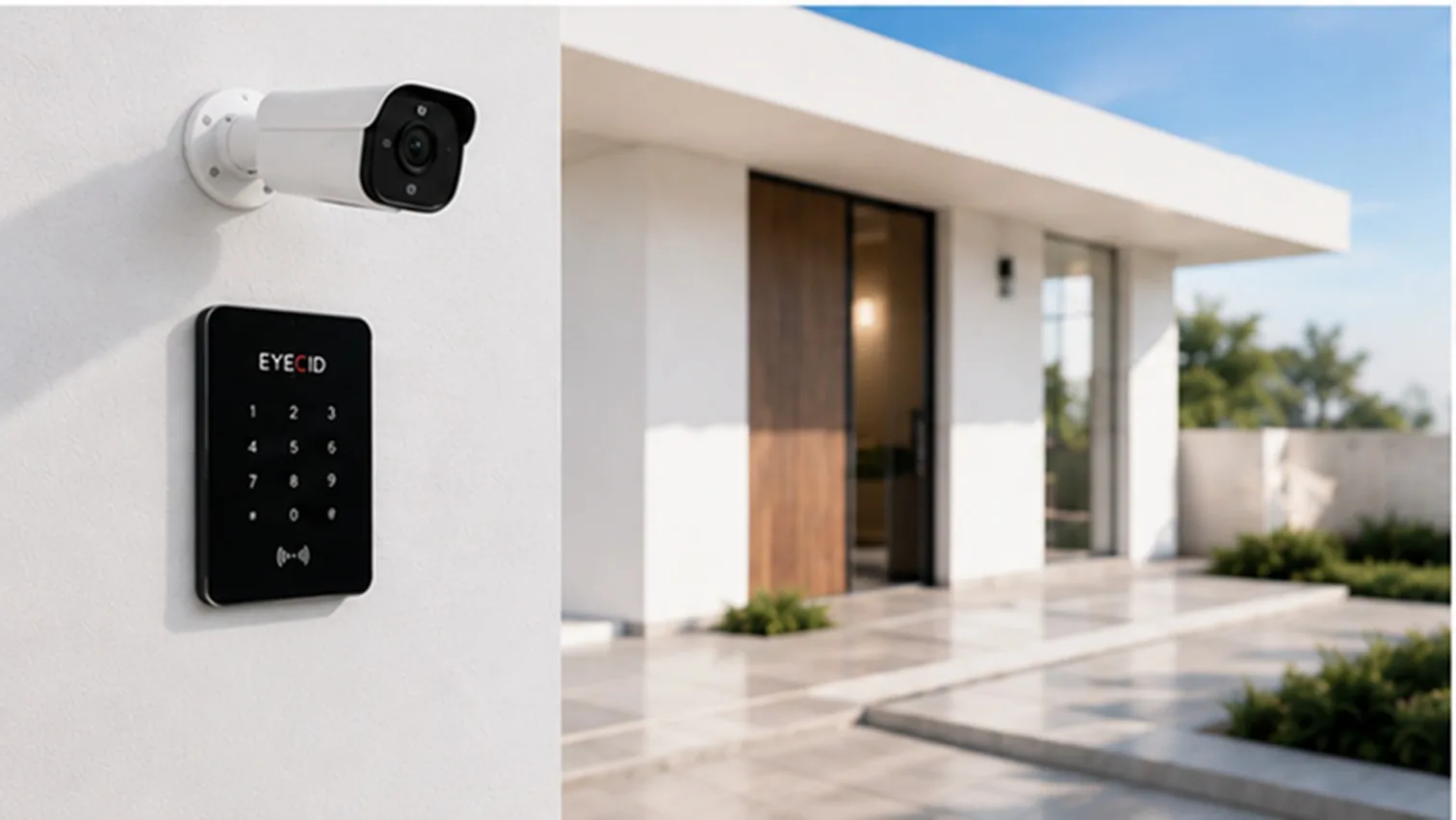 Outdoor security camera, keypad and modern home entrance